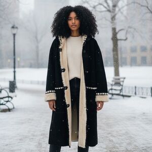 Vintage Sin by Morgan Cooper Black Suede Faux Fur Hooded Trench Coat Jacket L